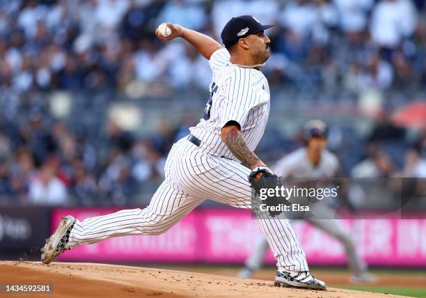 Nestor Cortes of the New York Yankees delivers a pitch against the Cleveland Guardians during the first inning in game five of the American League...