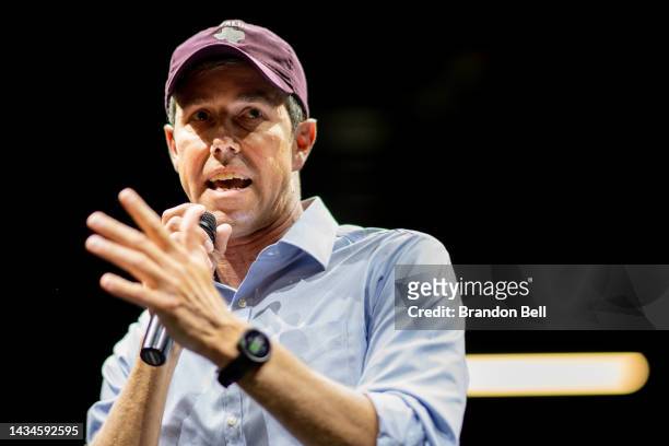 Texas Democratic gubernatorial candidate Beto O'Rourke speaks at a "Get Out The Vote" rally on October 18, 2022 in Houston, Texas. With less than...