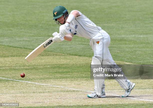 Jordan Silk captain of the Tasmanian Tigers bats during the Sheffield Shield match between South Australia and Tasmania at Adelaide Oval, on October...