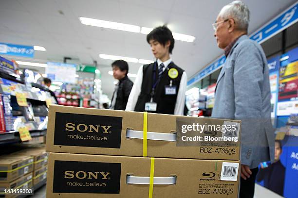 Boxes of Sony Corp.'s Blu-ray disc and DVD recorder are stacked at the Labi Ofuna electronics store, operated by Yamada Denki Co., in Yokohama City,...