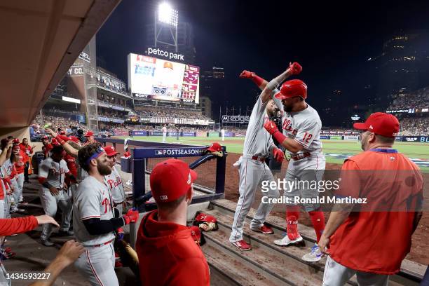 Kyle Schwarber of the Philadelphia Phillies celebrates with teammates after hitting a home run during the sixth inning against the San Diego Padres...