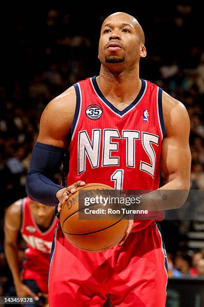 Sundiata Gaines of the New Jersey Nets shoots a freethrow against the Toronto Raptors on April 26, 2012 at the Air Canada Centre in Toronto, Ontario,...