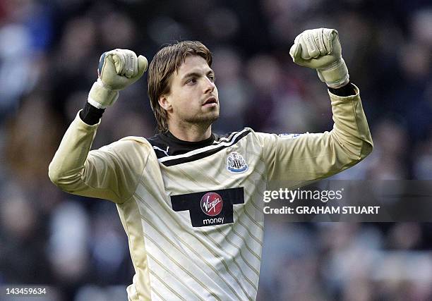 Newcastle United's Dutch goalkeeper Tim Krul celebrates a 1-0 victory against Norwich City after an English FA Premier League football match at St...
