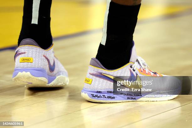 Detail of the shoes of LeBron James of the Los Angeles Lakers during the game against the Golden State Warriors at Chase Center on October 18, 2022...