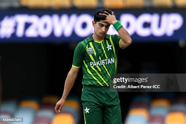 Naseem Shah of Pakistan is seen during the ICC 2022 Men's T20 World Cup Warm Up Match between Afghanistan and Pakistan at The Gabba on October 19,...