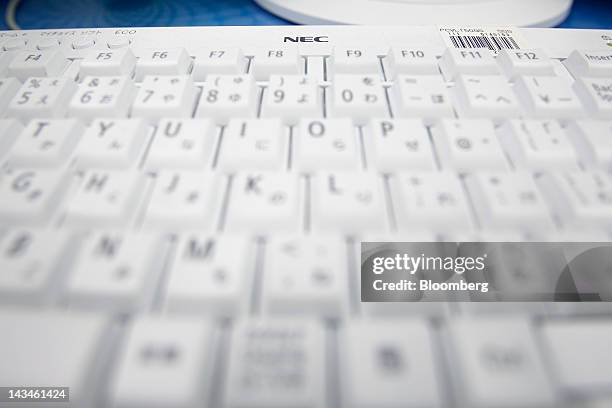 The NEC Corp. Logo is displayed on a keyboard for the company's Valuestar desktop computer at the Labi Ofuna electronics store, operated by Yamada...