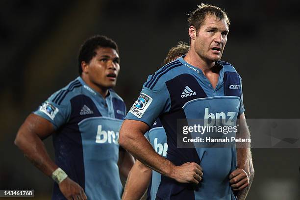Ali Williams of the Blues looks on during the round 10 Super Rugby match between the Blues and the Reds at Eden Park on April 27, 2012 in Auckland,...