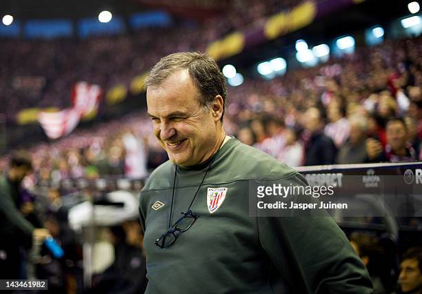 Head Coach Marcelo Bielsa of Athletic Bilbao smiles during the UEFA Europa League semi final second leg match between Athletic Bilbao and Sporting...