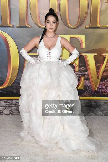 Auli'i Cravalho attends the premiere of Netflix's "The School For Good And Evil" at Regency Village Theatre on October 18, 2022 in Los Angeles,...