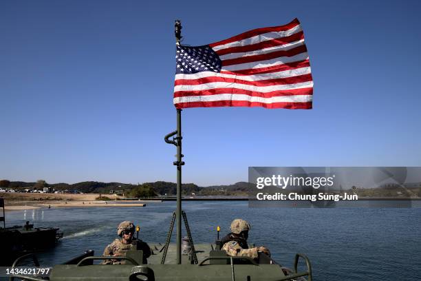 Soldiers participate in a river crossing exercise with South Korean soldiers on October 19, 2022 in Yeoju, South Korea. North Korea's military said...