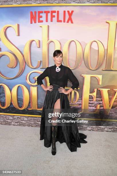 Charlize Theron attends the World Premiere Of Netflix's The School For Good And Evil at Regency Village Theatre on October 18, 2022 in Los Angeles,...