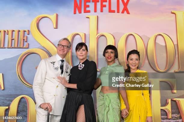 Paul Feig, Charlize Theron, Kerry Washington and Michelle Yeoh attend the World Premiere Of Netflix's The School For Good And Evil at Regency Village...