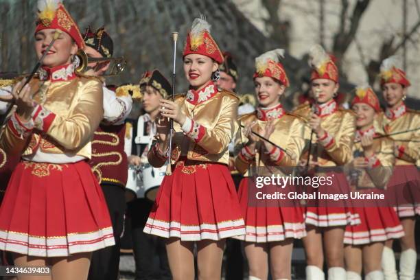 Students of the Lviv Children’s Art School No. 5 perform on October 14, 2022 in Lviv, Ukraine. On the Defenders Day of Ukraine, the orchestras of the...