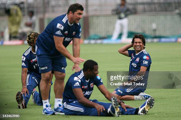 Mumbai Indians player Sachin Tendulkar during a practice session a day before the IPL-5 match against Delhi Daredevils at Ferozeshah Kotla in New...
