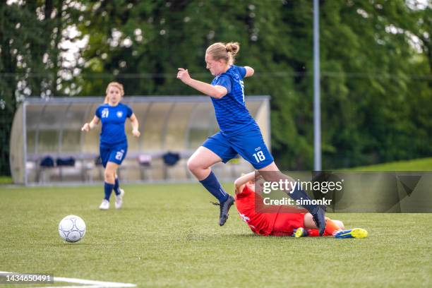 female player kicking ball - girl looking down stock pictures, royalty-free photos & images