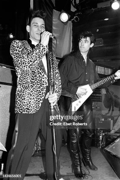 American Rockabilly musicians Robert Gordon and Chris Spedding, on guitar, perform onstage at the Lone Star Cafe, New York, New York, February 14,...