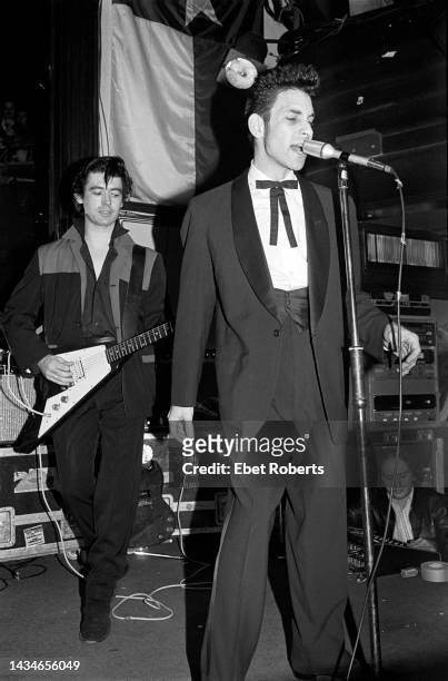 American Rockabilly musicians Chris Spedding , on guitar, and Robert Gordon perform onstage at the Lone Star Cafe, New York, New York, October 11,...