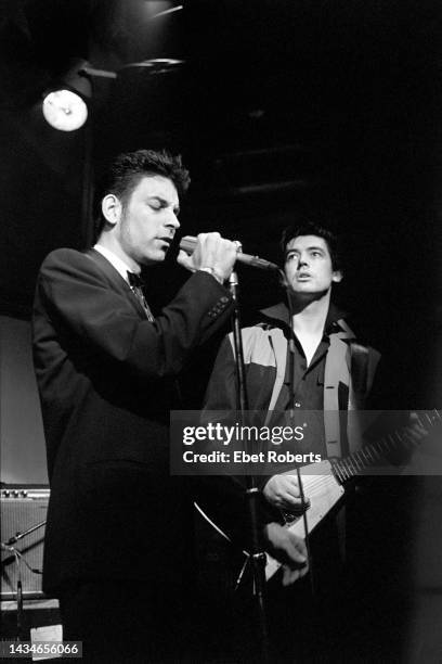 American Rockabilly musicians Robert Gordon and Chris Spedding, on guitar, perform onstage at the Lone Star Cafe, New York, New York, October 11,...