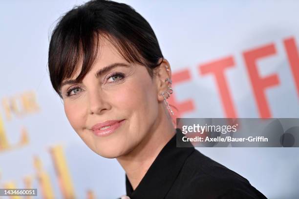 Charlize Theron attends the Premiere of Netflix's "The School For Good And Evil" at Regency Village Theatre on October 18, 2022 in Los Angeles,...