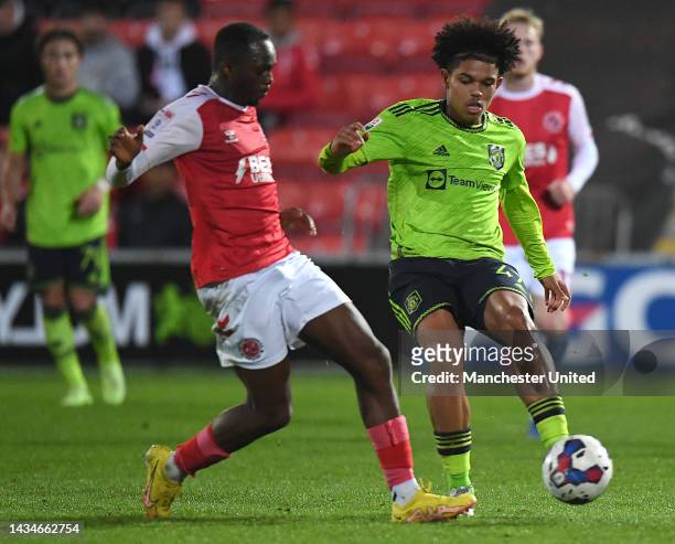 Shola Shoretire of Manchester United U21s in action during the Papa John's Trophy match between Fleetwood and Manchester United U21s at Highbury...