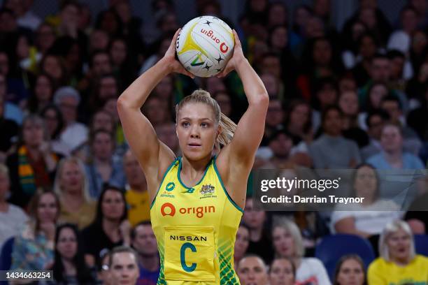 Kate Moloney of the Australian Diamonds passes the ball during the Constellation Cup match between the Australia Diamonds and the New Zealand Silver...