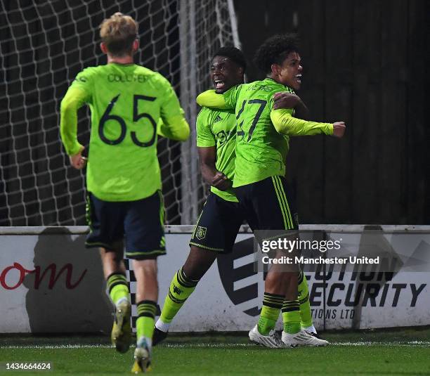 Shola Shoretire, Teden Mengi and Toby Collyer of Manchester United U21s in action during the Papa John's Trophy match between Fleetwood and...