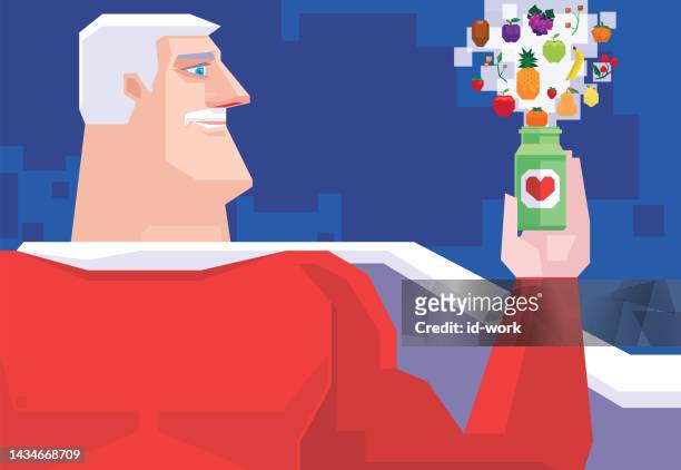 senior superheld hält vitamin-fruchtflasche - vegetarisch gerecht stock-grafiken, -clipart, -cartoons und -symbole