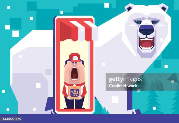 courier standing on smartphone and screaming while meeting polar bear - essential workers vector stock illustrations