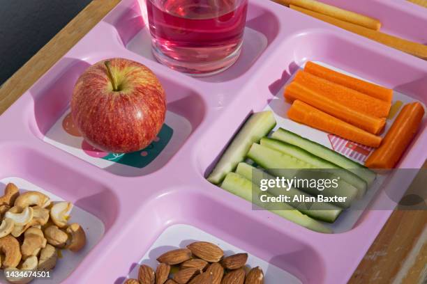 looking down on healthy packed lunch on tray for child - filing tray stock pictures, royalty-free photos & images
