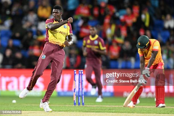 Alzarri Joseph of the West Indies celebrates taking the wicket of Tony Munyonga of Zimbabwe for 2 runs during the ICC Men's T20 World Cup match...