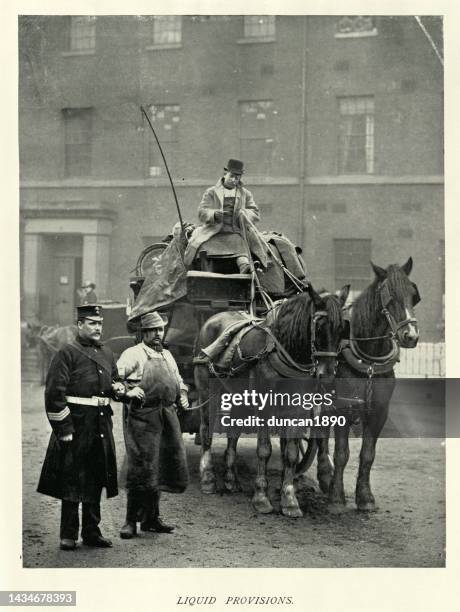 delivery of liquid provisions, beer, to army barracks, victorian 19th century, british military history - horse and beer stock illustrations