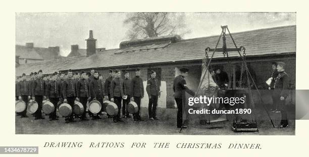 stockillustraties, clipart, cartoons en iconen met british soldiers drawing rations for christmas dinner, joint of beef, victorian 19th century military history - army barracks