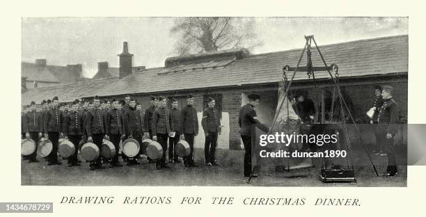 british soldiers drawing rations for christmas dinner, joint of beef, victorian 19th century military history - army barracks stock illustrations