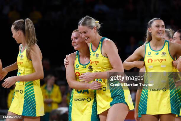Australian Diamonds players celebrate their evades=win after during the Constellation Cup match between the Australia Diamonds and the New Zealand...