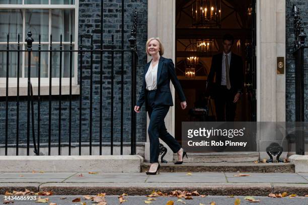 Prime Minister Liz Truss leaves 10 Downing Street on October 19, 2022 in London, England. Liz Truss faces her third PMQs as Prime Minister against a...