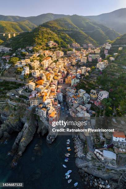 aerial drone view of beautiful city of riomaggiore in liguria, italy - corniglia stock pictures, royalty-free photos & images