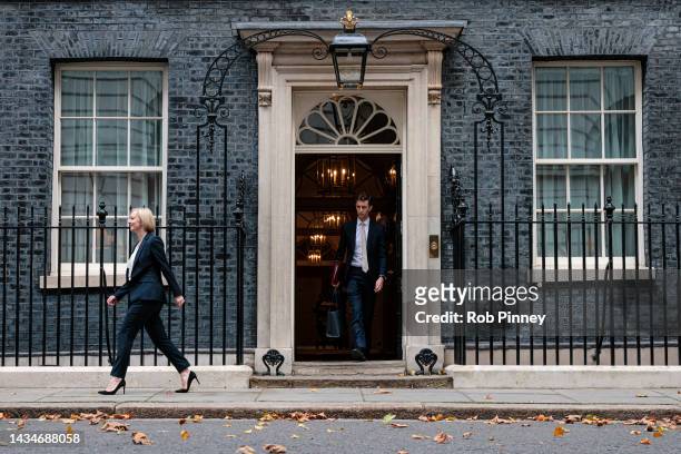 Prime Minister Liz Truss leaves 10 Downing Street on October 19, 2022 in London, England. Liz Truss faces her third PMQs as Prime Minister against a...