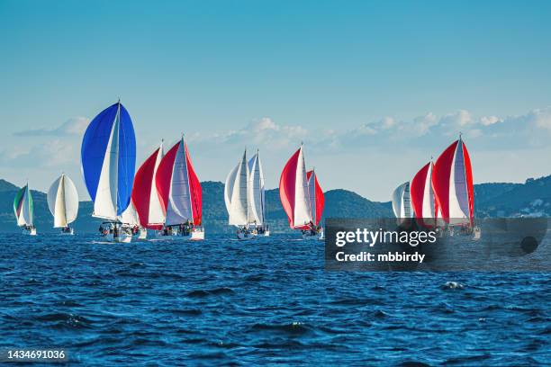 equipaggi a vela in barca a vela durante la regata - veliero foto e immagini stock