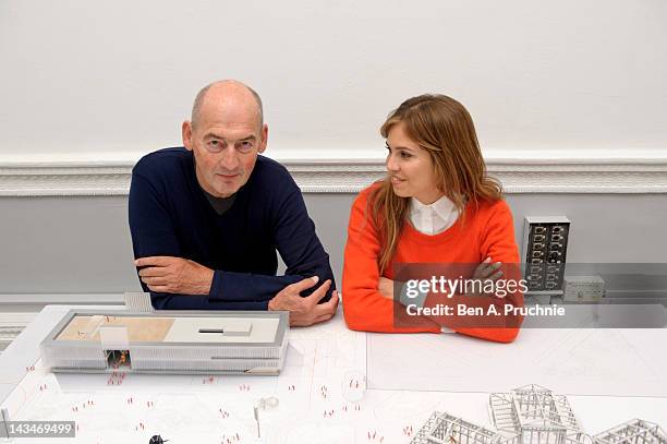 Rem Koolhaas and Dasha Zhukova attend a briefing to reveal the full details of a new home for the Garage Center in Moscow which is moving from its...