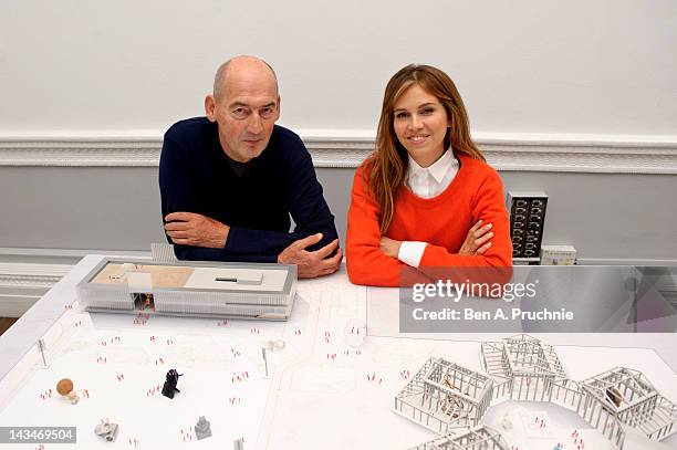 Rem Koolhaas and Dasha Zhukova attend a briefing to reveal the full details of a new home for the Garage Center in Moscow which is moving from its...