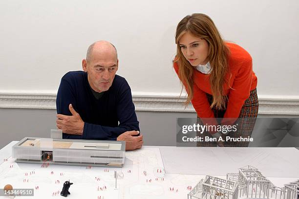 Rem Koolhaas and Dasha Zhukova attend a briefing to reveal the full details of a new home for the Garage Center in Moscow which is moving from its...