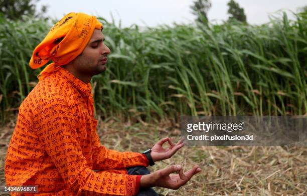 hindu devotee saint meditating portrait outdoor in nature - sadhu stock pictures, royalty-free photos & images