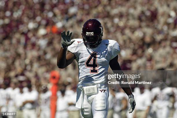 Cornerback DeAngelo Hall of the Virginia Tech Hokies walks on the field during the NCAA football game against the Texas A&M Aggies on September 21,...