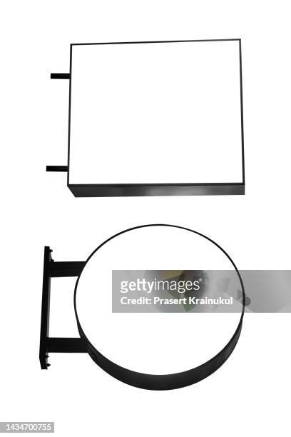 set of blank white round and square signage or lightbox in dark metal frame. clipping path - panel de luz fotografías e imágenes de stock