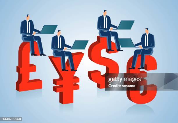 currency exchange, foreign exchange, forex trading, capital flows, currency investments, global financial exchanges and transactions, traders sitting on the dollar sign euro sign yen sign pound sign working - uk currency stock illustrations