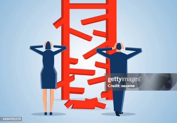 sad and confused business man business woman standing in front of a broken ladder, problems and setbacks on the career path, business problems or risks, career employment confusion and guidance - man fallen up the stairs stock illustrations