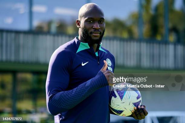 Romelu Lukaku of FC Internazionale looks on during the FC Internazionale training session at the club's training ground Suning Training Center at...