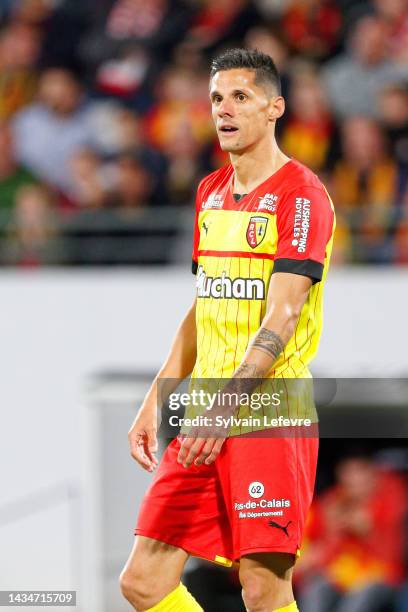 Florian Sotoca of RC Lens during the Ligue 1 Uber Eats match between Lens and Montpellier at Stade Felix Bollaert on October 15, 2022 in Lens, France.