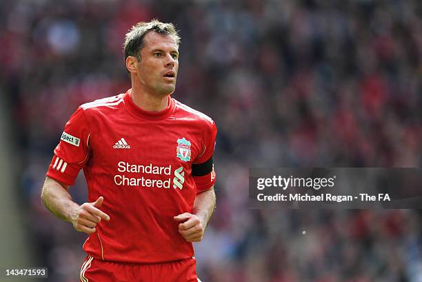 Jamie Carragher of Liverpool looks on during the FA Cup with Budweiser Semi Final match between Liverpool and Everton at Wembley Stadium on April 14,...