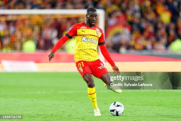 Massadio Haidara of RC Lens in action during the Ligue 1 Uber Eats match between Lens and Montpellier at Stade Felix Bollaert on October 15, 2022 in...